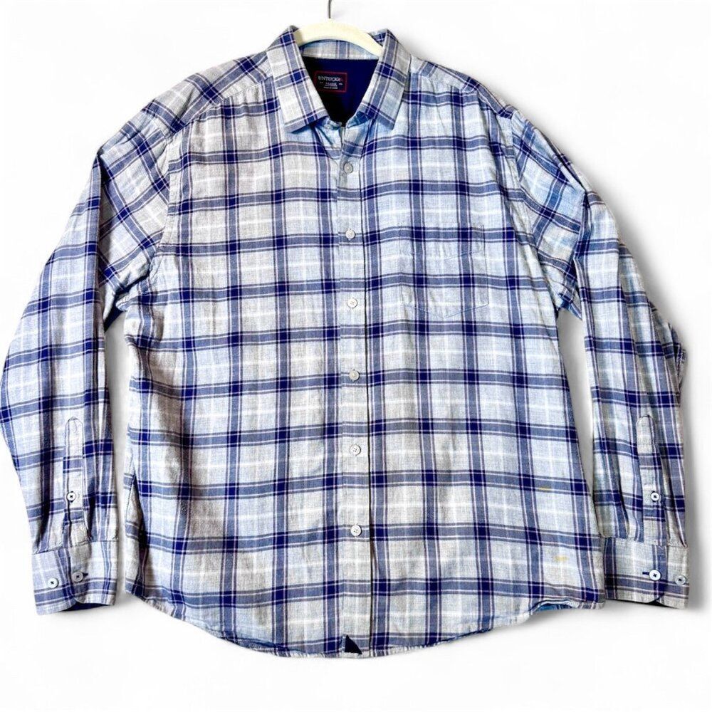 Untuckit Plaid Button-Down Shirt Blue Gray Men’s XL 100% Cotton Casual Fit